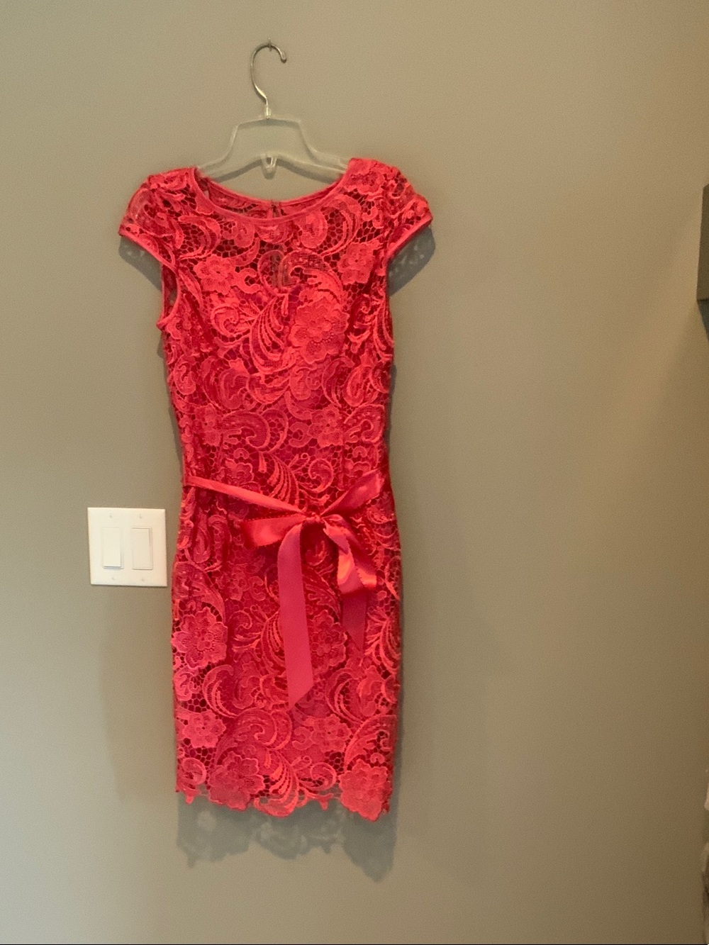 Adrianna Papell Coral-Red Lace Midi Dress with Satin Tie